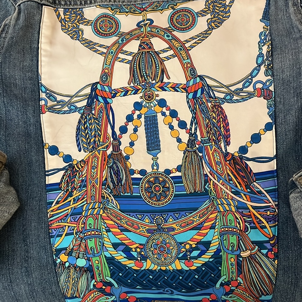 Gorgeous-Denim Jacket with Patterned Collar & cuffs.Silk scarf on back! - Picture 5 of 5
